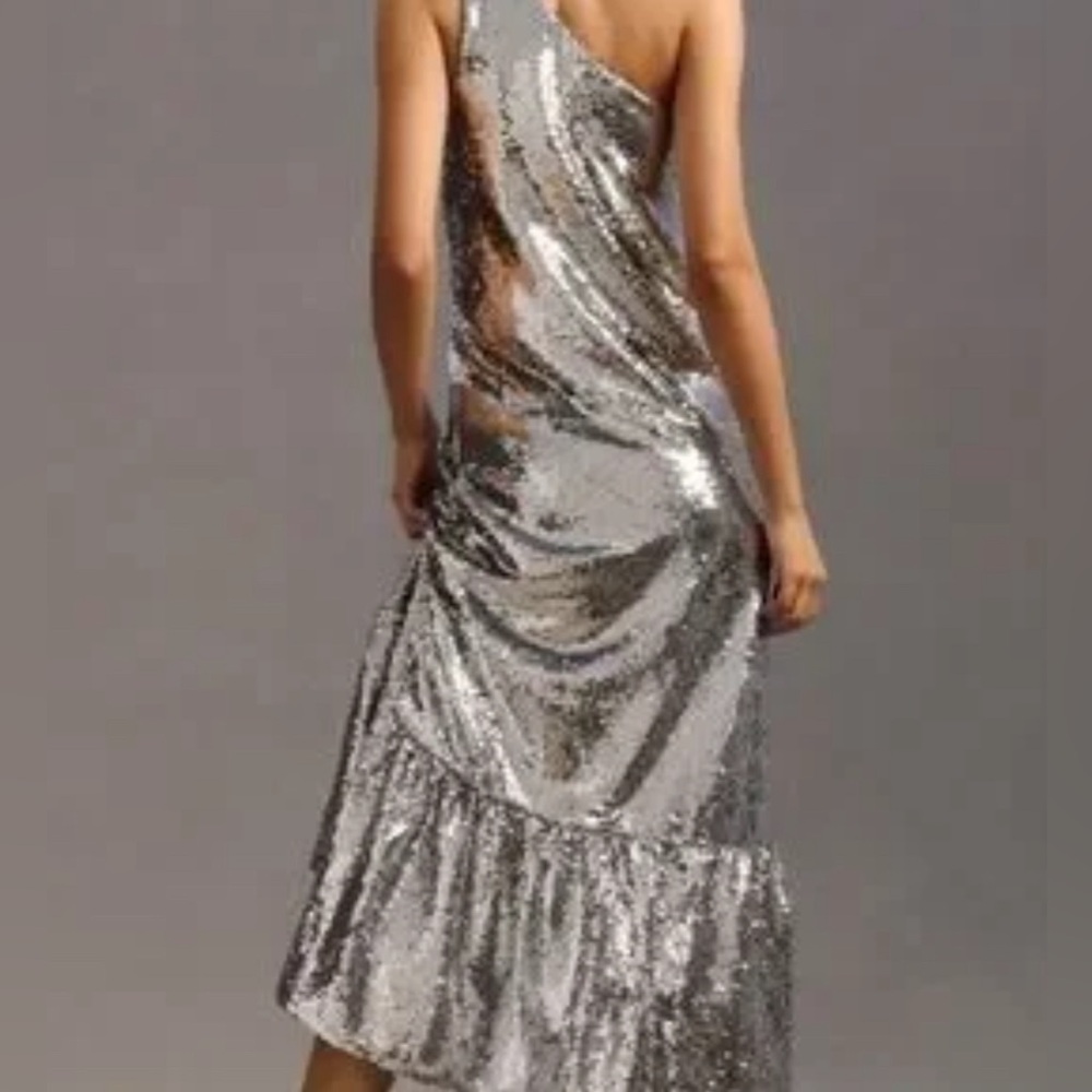 Anthropologie Silver Sequin Maxi Dress